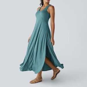 NWT Halara U Neck Backless Split Flowy Maxi Dress Stone Green Floral Yarn size L